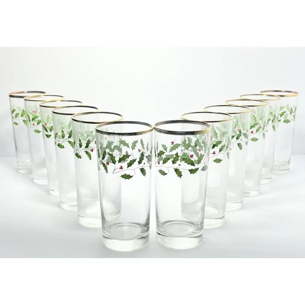 Lenox “Holiday” Set of 12 Tumbler Highball Glasses 6 1/4” 16oz Christmas Holly